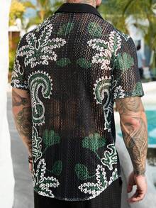 Manfinity RSRT Men's Black Green Paisley Mesh Shirt - Sheer Contrast Collar, Festival Streetwear, Casual Vacation Top/Men's Knitted Jacquard Green & White Contrast Color Botanical Print Retro Short Sleeve Shirt Men Resort Wear Men Printed Pattern Short Sleeved Shirt, Holiday - Green - View 2