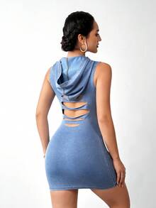 Jeanoix Đầm denim không tay ôm sát, có mũ trùm đầu, thiết kế hở lưng dành cho nữ - Màu xanh lam - Xem 6