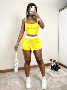 Mistrie Women's Contrast Color Camisole And Shorts Sports Suit - Light Yellow - View 5