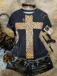 Glimmora Y2K 女式豹纹十字印花 T 恤，舒适休闲，性感修身，哥特风，2000 年代街头风上衣，适合日常穿着、音乐节、派对和返校季。 - 彩色 - 查看 1