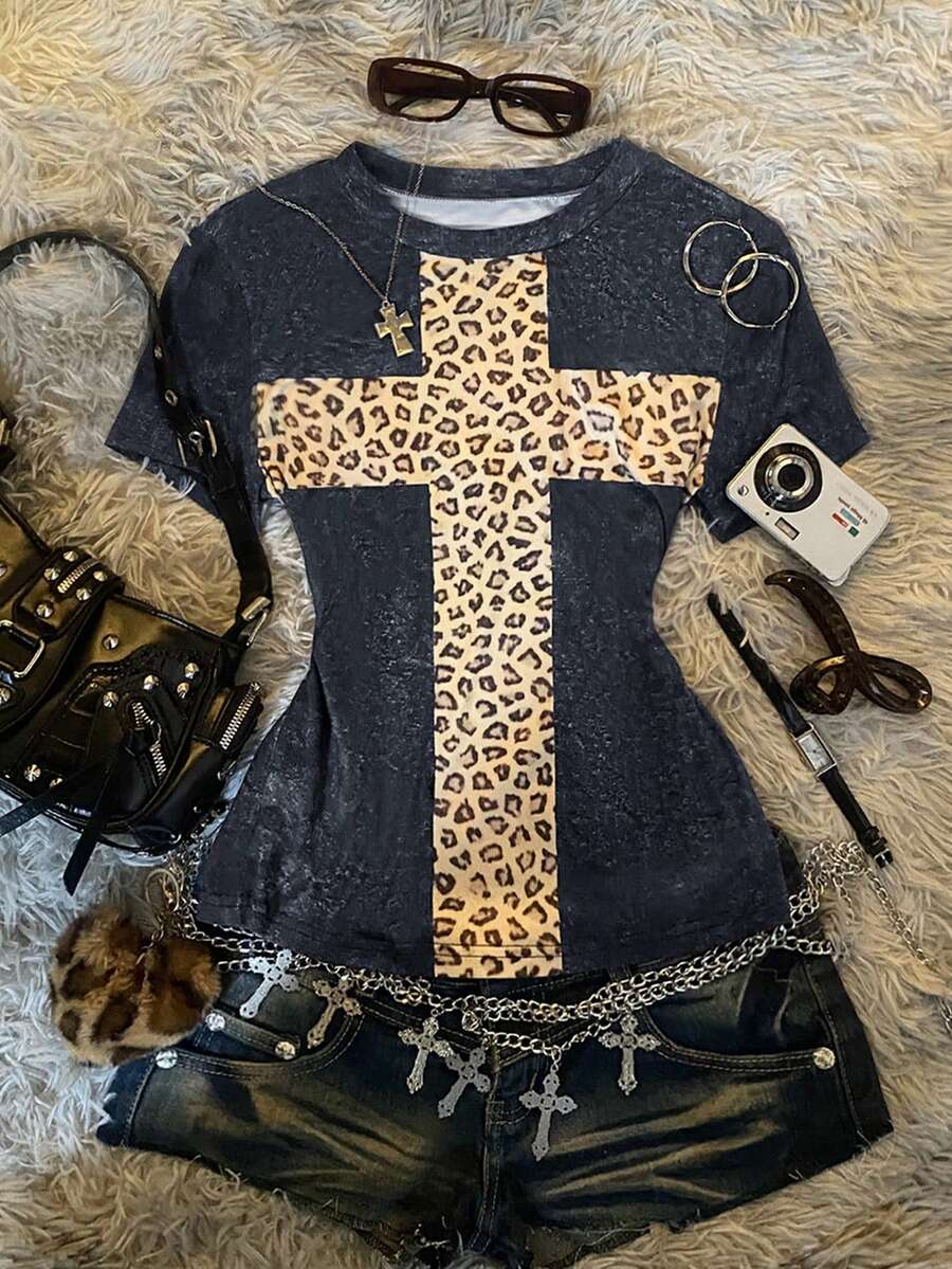 Glimmora Y2K 女式豹纹十字印花 T 恤，舒适休闲，性感修身，哥特风，2000 年代街头风上衣，适合日常穿着、音乐节、派对和返校季。 - 彩色 - 查看 1