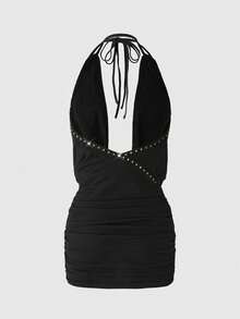 ROMWE J-Fashion Đầm ngắn gợi cảm in hình Millennium Babe, cổ khoét sâu, đính đinh tán, kiểu yếm buộc dây cho nữ. - màu đen - Xem 2