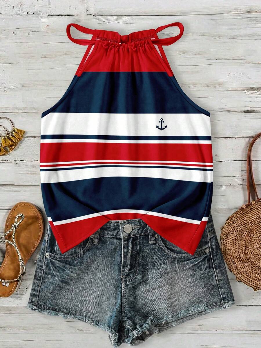 SHEIN LUNE Plus Size Women Summer Casual Vacation Style Anchor & Striped Print Halter Top - Multicolor - View 1