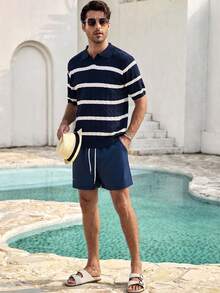 Mercer Haus 男士夏季藏蓝色抽绳腰斜插口袋夏威夷风速干双层网眼内衬短裤，3D印花时尚休闲沙滩泳裤 - 彩色 - 查看 3