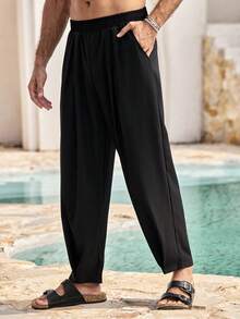 Mercer Haus Quần dài nam trơn, xếp ly, kiểu dáng tối giản, thích hợp cho mùa thu, cũng như kỳ nghỉ hè ở vùng nhiệt đới Hawaii. - màu đen - Xem 5