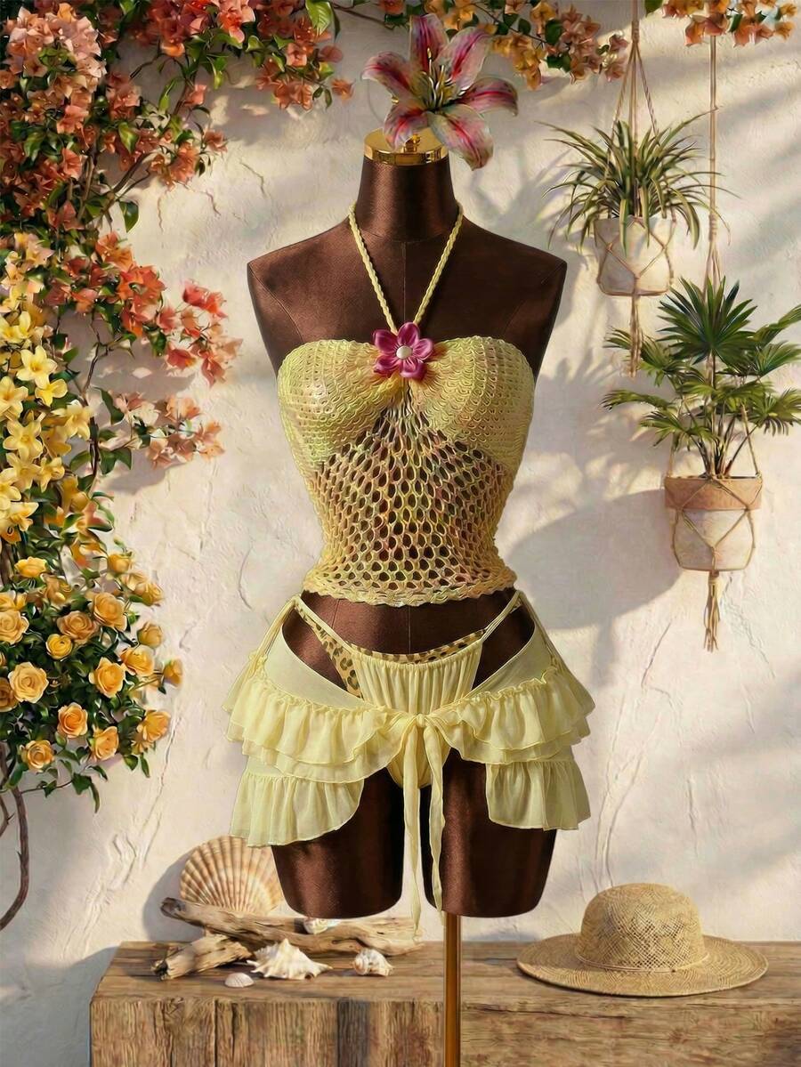 Lyxana 女士度假风 3D 立体花卉装饰镂空针织露背上衣 - 黃色 - 查看 1