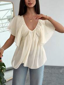 Aloruh Áo kiểu nữ màu trơn cổ chữ V sâu, kiểu dáng lãng mạn với bèo nhún ở gấu áo. - Màu be - Xem 8