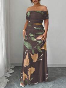 Modelyn Vestido formal con un hombro, volantes y estampado de malla para mujer de talla grande - Marrón - Ver 5