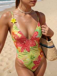 SHEIN Swim Vcay Summer New Arrival Bestselling Tropical Hibiscus Print High Cut Spaghetti Strap Deep V Triangle Cup Romantic Beach Vacation One-Piece Swimsuit For Women - Multicolor - View 5
