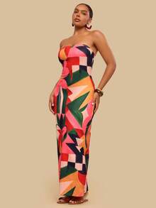 Travachic Plus Size Women's Tropical Print Strapless Dress, Stretchy Knit Long Dress For Summer Vacation - Multicolor - View 6