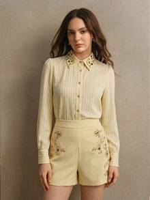 Anewsta Women's Casual Elegant Embroidered Beaded Shorts - Yellow - View 4