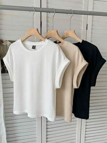 SHEIN LUNE 3pcs/Set Women Casual Round Neck Drop Shoulder Short T-Shirts, Suitable For Spring & Summer - Multicolor - View 4