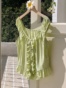 Comfortcana Cămașă casual cu volane în culori solide pentru femei, cu un singur nasture - Verde - Vizualizare 3