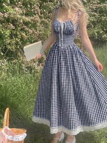 SHEIN MOD 红白格子浪漫可爱乡村风中长连衣裙 - 藏蓝色 - 查看 4