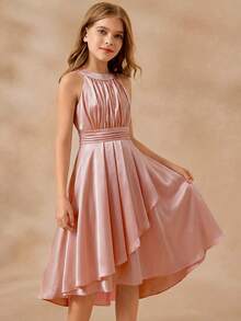 SHEIN 优雅的婚礼花童礼服，雪纺花卉露背无袖中长连衣裙，时尚蓬蓬公主裙 - 粉色 - 查看 6