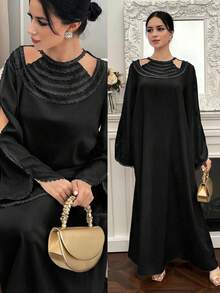 Yasmyna Women's Solid Color Contrast Lace Lantern Sleeve Elegant Arabic Style Dress - Black - View 2