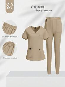 TaskEZ Simple Solid Color V-Neck Short Sleeve T-Shirt With Pockets Paired With Long Pants, Scrub Set - Khaki - View 2