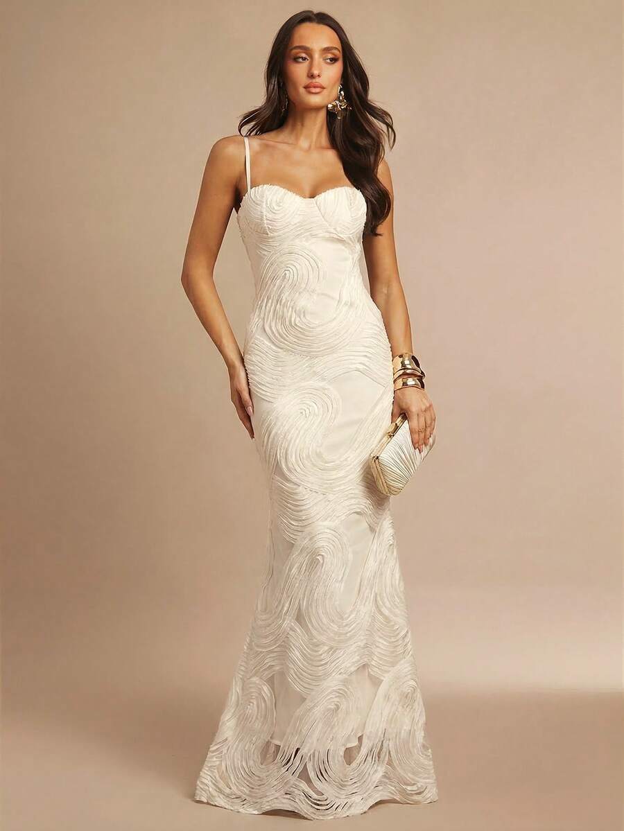 Silquee Cream White,Summer,Elegant,Wedding Guest Embroidered Wave-Patterned Bra-Detail Slim-Fit Mermaid Dress,Formal Party Graduation Luxurious Evening Gown - Apricot - View 1
