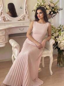 Modelyn Đầm không tay xếp ly màu trơn thanh lịch dành cho nữ, thích hợp cho các dịp trang trọng. - Màu Hồng baby - Xem 4