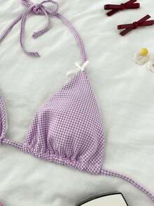 Swim Mod Women's Sweet Plaid Textured Triangle Cup Bikini Set - Mauve Purple - View 3