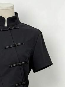 INAWLY Women's Solid Color Retro Chinese Style Mandarin Collar Asymmetric Button-Up Blouse - Black - View 3