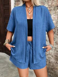 Breezaya Plus Size Women's Elegant Commuter Short Sleeve Kimono Shirt And Shorts 2 Pieces Set - Blue - View 4