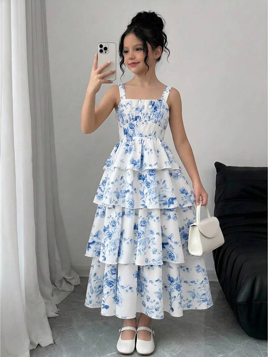 Firerie Kids 少女复古优雅蓝色碎花吊带连衣裙，休闲夏季连衣裙，适合外出、海滩、度假 - 藍色 - 查看 1