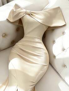 GlowEve Women's Summer Dress, Elegant Elastic Satin Off-Shoulder Ruched Fishtail Midi Dress - Apricot - View 3