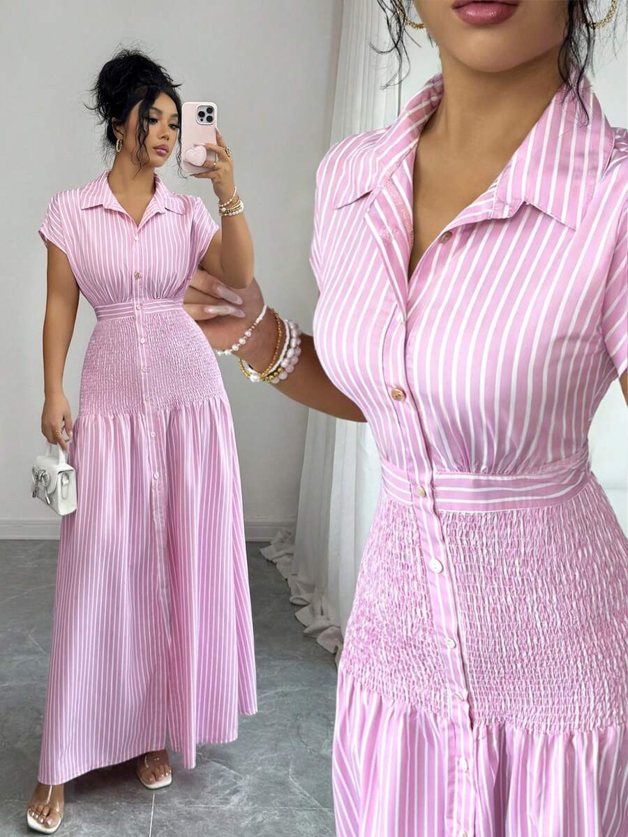 SHEIN Elenzya Women's Striped Pleated Casual Minimalist Dress, Suitable For Party And Outing - Pink - View 1