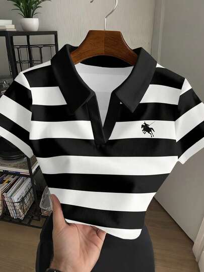 Resyla Women's Casual Striped Knight Print Polo Collar Short Sleeve Top, Summer