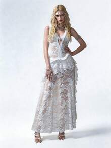 Sweetness Lace Ruffle Sheer Deep V Neck Dress, Suitable For Western Music Festival - White - View 1