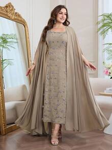 Modelyn Beige,Summer,Country,Modest,Traditional,Wedding, Al-Adha Elegant Plus Size 2-Piece Set Sequin Beaded 3D Floral Mesh Dress Chiffon Batwing Abaya Fall - Multicolor - View 4