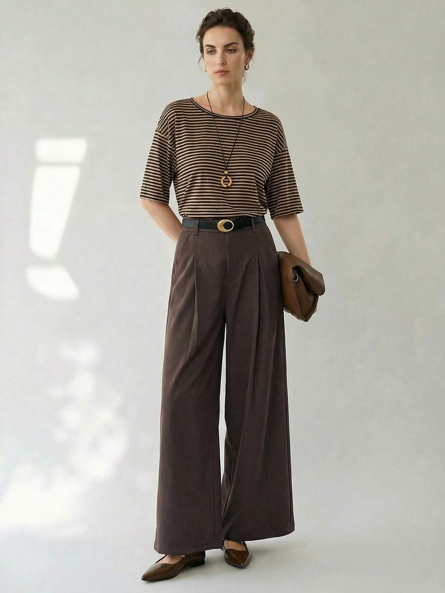 Uhlyne Uhlyne Women's Casual Striped Short Sleeve T-Shirt, Summer - Brown - View 1