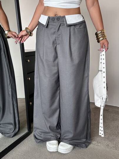 POPSWAY Pantalones rectos de talle holgado con bolsillos y puños para mujer de talla grande