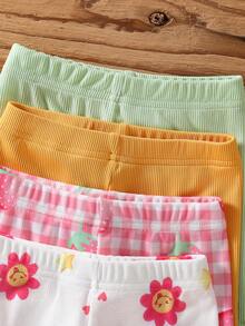 SHEIN 8件套/女婴（0-3岁）春夏新款休闲日常外出可爱趣味格子向日葵短袖背心T恤上衣和短裤8件套 - 彩色 - 查看 4