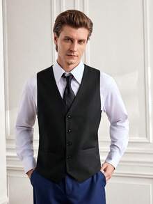 Officeau Men's Solid Color Versatile Business Casual Formal Classic Black Vest - Black - View 2