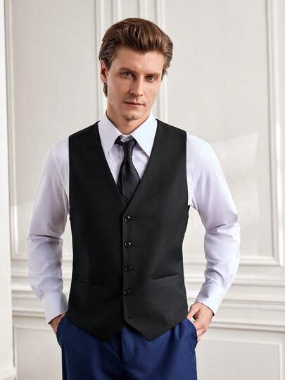 Officeau 男士纯色百搭商务休闲正装经典黑色马甲