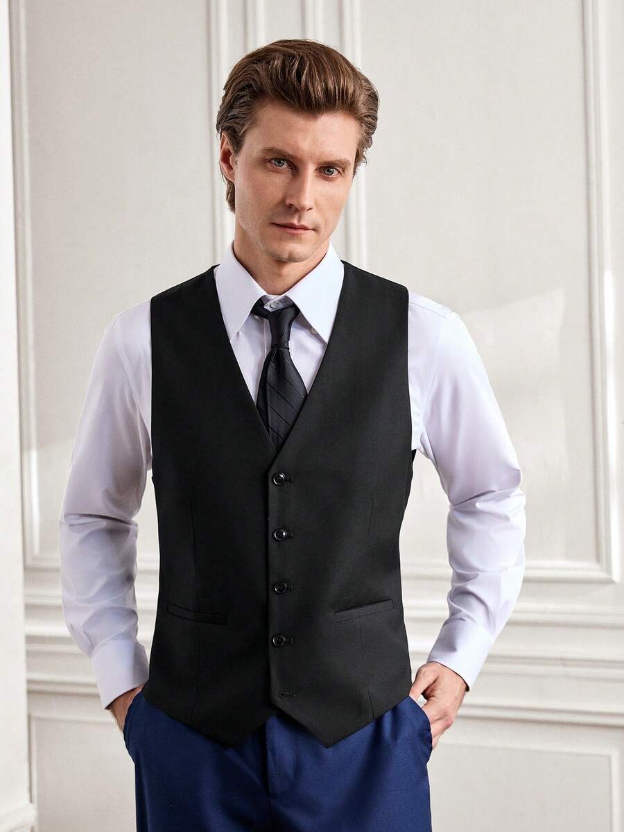 Officeau Men's Solid Color Versatile Business Casual Formal Classic Black Vest
