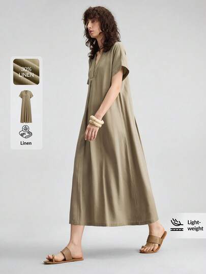 Ontre 亚麻材质，女士天然亚麻色，舒适亲肤，高品质面料，修身版型，竹纤维纹理，V领设计，前后褶裥点缀，略微落肩，七分袖，现代度假波西米亚风，休闲时尚，乡村音乐节，西部风，休闲时尚，低调复古，高端质感，邮轮穿搭，简约奢华，必备单品，时尚商务休闲，都市连衣裙，办公室通勤装，高品质机场穿搭，百搭四季皆宜的女士中长连衣裙