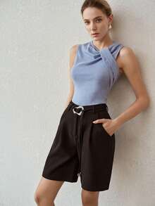 MOTF PREMIUM Áo tank top không tay cổ lệch vai xếp ly màu xanh dương, kiểu dáng ôm sát, thời trang, thích hợp cho mùa hè. - Màu xanh lam - Xem 7
