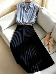 SHEIN LUNE Women's Black And White Striped Sleeveless Collared Shirt & High-Waisted Navy Pleated Maxi Skirt Set,Summer Elegant Office Work Commuting Outfit - Multicolor - View 1