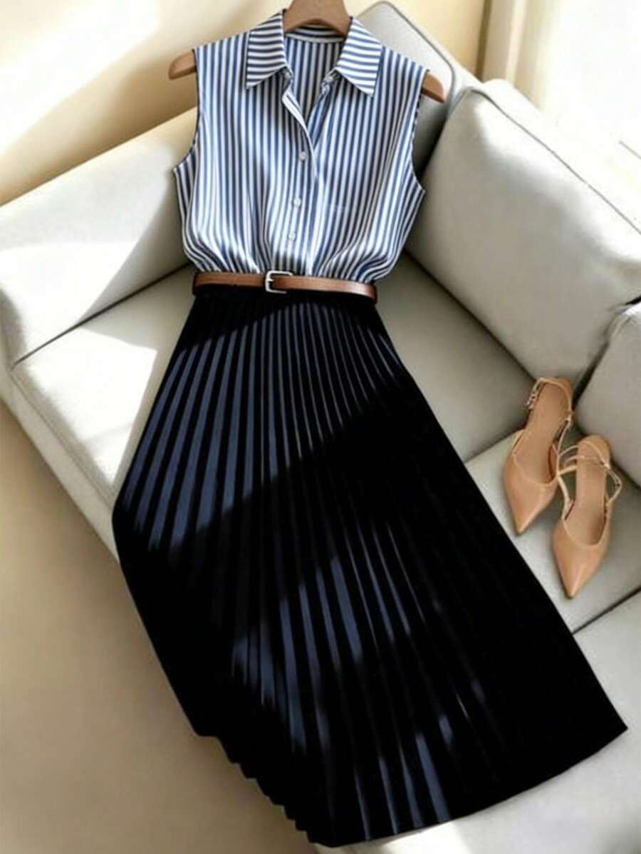 SHEIN LUNE Women's Black And White Striped Sleeveless Collared Shirt & High-Waisted Navy Pleated Maxi Skirt Set,Summer Elegant Office Work Commuting Outfit - Multicolor - View 1