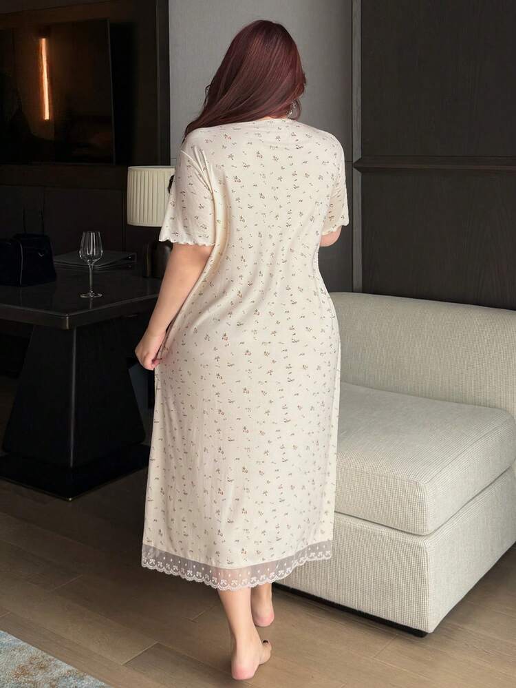 Dazy Plus Contrast Lace Short Sleeve Ditsy Floral Loose Casual Long Nightgown, Plus Size Women Home Dress Summer