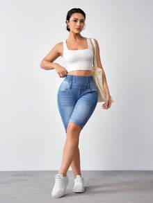 Flexra 女士休闲水洗高腰修身牛仔短裤 - 藍色 - 查看 5