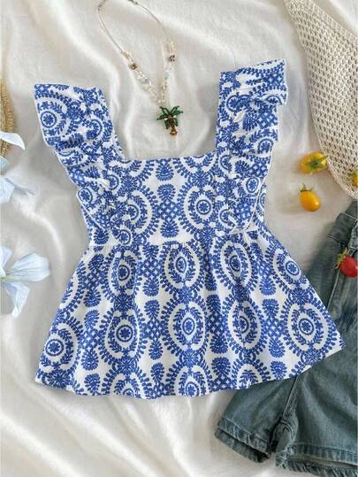Tween Girl Fashionable Elegant Blue Totem Floral Vintage Square Collar Ruffle Hem Casual Summer Vacation Blouse