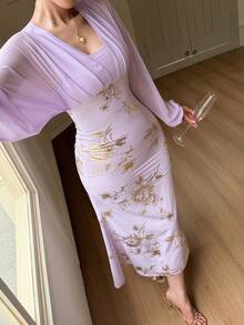 DAZY Damen Laternärmel Figurbetontes elegantes langes Kleid, Blumenkleid für Damen, Sommerkleid für Damen - Mauve - Übersicht 3