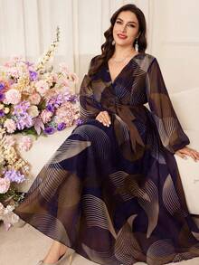 Modelyn 大码女士条纹优雅修身中长连衣裙 - 卡其色 - 查看 5
