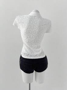 Sunspun Camisa de manga corta de ajuste ceñido con parches de unicolor, jacquard y calado para tallas grandes - Blanco - Ver 2