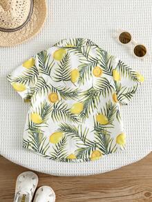 SHEIN Chemise décontractée minimaliste pour bébé garçon avec imprimé tropical floral et citron, confortable, convient pour le printemps/été - Multicolore - Voir 2
