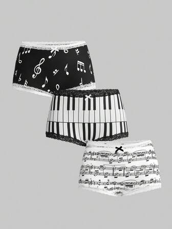 Y2K Retro Music Note & Piano Keyboard Print Lace Trim Low Waist Shorts 3 Pieces Set